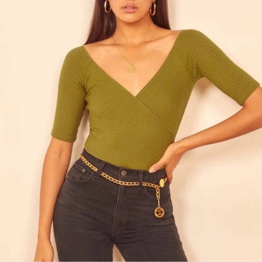 Reformation Dash Top, Green Ribbed Double V Crop Top, XS